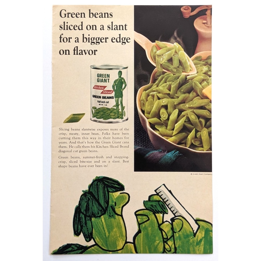 Jolly Giant Vintage 1968 Print Ad Kitchen Sliced Canned Green‎ Beans Grocery 8"